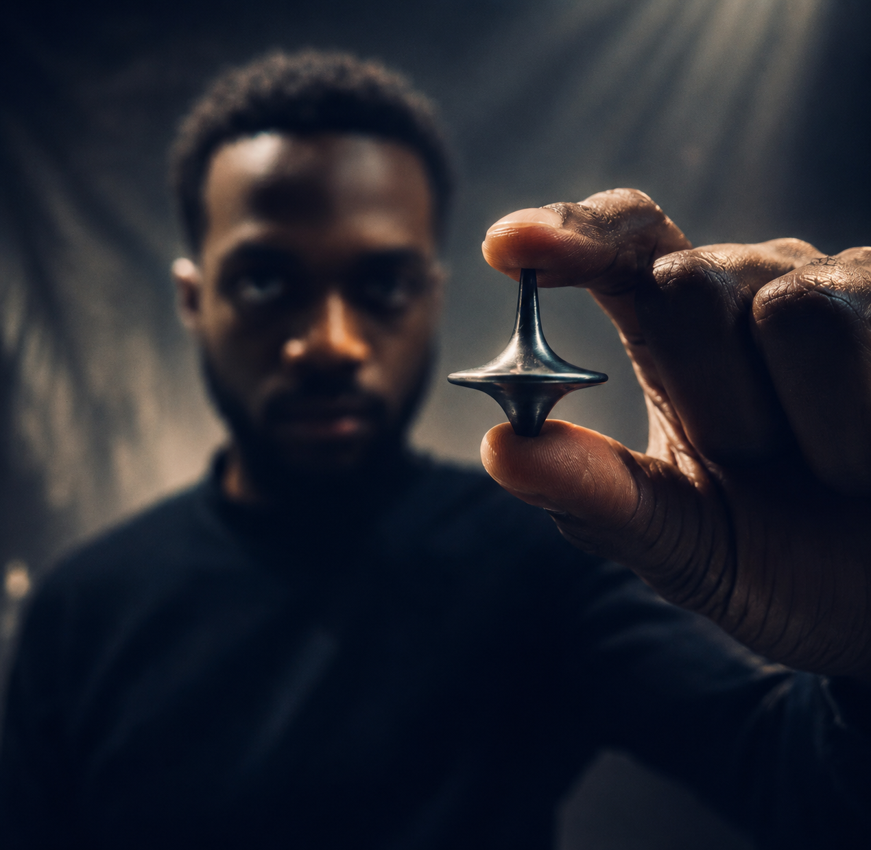 Dylan Kawende holding an upright spinning top — the OmniSpace symbol